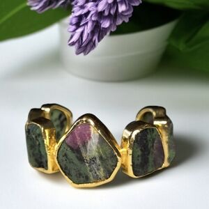 18k Gold Plated Ruby Zoisite Natural Raw Stone Chunky Bangle Cuff Bracelet
